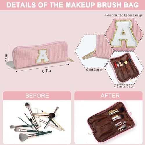 YOOLIFE Pink Initial Corduroy Makeup Bag & Belt Bag Crossbody Fanny Pack Personalized Gifts for Women Teen Girls