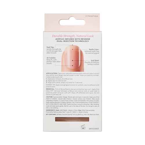 KISS Salon Acrylic French Tip Press On Nails, 'Chic Beats', Natural Nude, Short Squoval, Nail Kit with 28 Fake Nails, Pink Gel Nail Glue (2g), Mini Nail File, & Manicure Stick