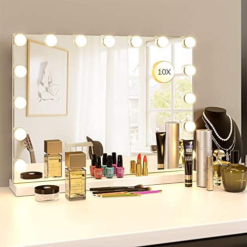 Filytop 22.8"x 18.1" Makeup Mirror with Lights,10X Large Hollywood Lighted Vanity Mirror with 15 Dimmable LED Bulbs,3 Color Modes,Touch Control,Tabletop or Wall-Mounted, White