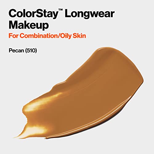 Revlon Liquid Foundation, ColorStay Face Makeup for Combination & Oily Skin, SPF 15, Medium-Full Coverage with Matte Finish, Pecan (510), 1.0 oz