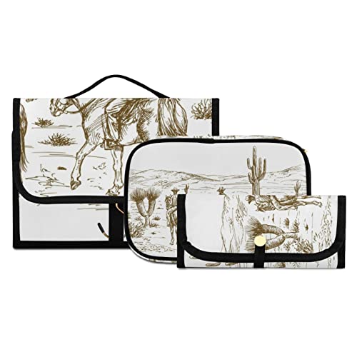 Western Desert Cowboys Travel Toiletry Bag Cosmetic Make up Brush Cases Hanging Water-resistant Accessories Organizer for Women 3PCS