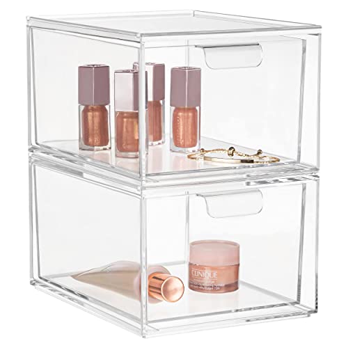 HBlife Pack of 2 Stackable Makeup Organizer Drawers Clear Plastic Bathroom Organizers Cosmetic Container Organization and Storage Bins for Vanity