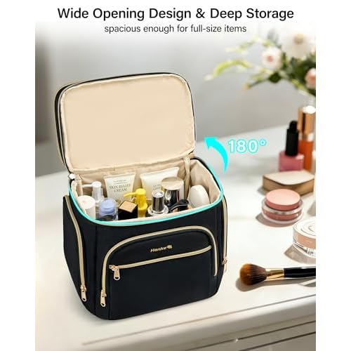Hanke Large Toiletry Bag for Women Travel, Double Layer Organizer with Wide Opening for Full-Size Cosmetics & Toiletries, 12.2L Water-Resistant Makeup Bag,Black