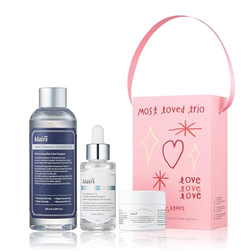 DearKlairs Most Loved Skincare Set - Unscented Toner, Vitamin Serum, E Mask | Korean Glass Skin Routine | Sensitive Skin-Friendly, Valentines Gifts for Women, Hydrating, Revitalizing