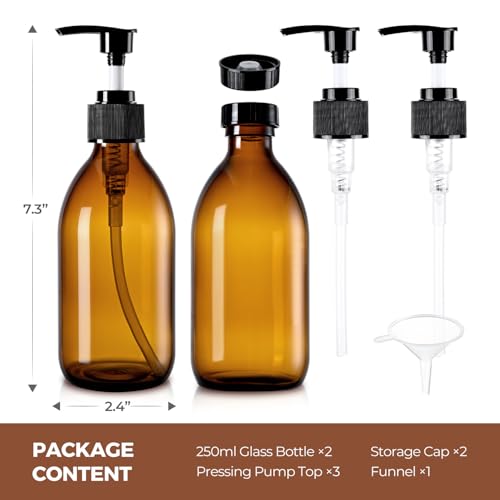 8oz Amber Glass Pump Bottle for Soap & Lotion - UV Block, 2 Pack