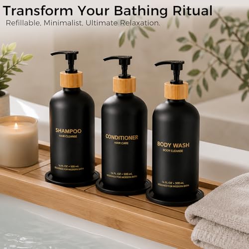 Black Glass Shampoo and Conditioner Dispenser Set - 4 Pack with Travel Bottles
