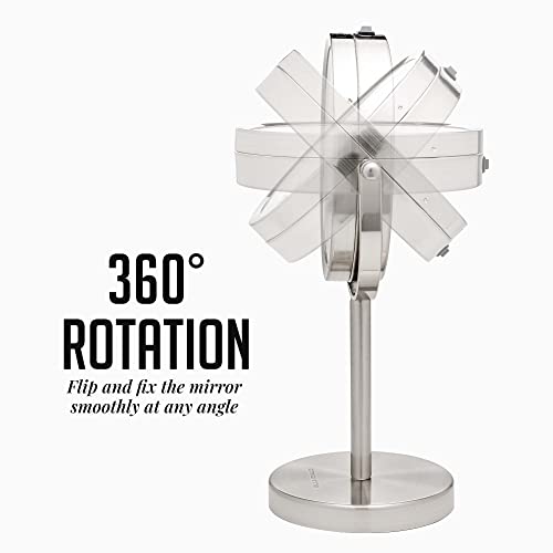 OVENTE Lighted Vanity Mirror 6 Inch Table Top 1X 7X Magnification LED 360 Adjustable Double Sided Spinning Personal Makeup Stand Desk Bathroom Battery Powered Round Large Nickel Brushed MLT60BR1X7X