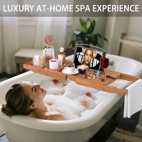 Teak Bathtub Caddy Tray - Expandable Wood Bath Organizer