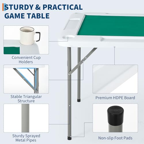 Mahjong Table 39.4" Folding 4-Player Card Desk with Cup Holders