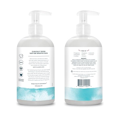 Kirk's Hydrating Hand Wash - Made with Premium Coconut Oil and Aloe Vera, With Plant Based Technology To Help Eliminate Odors, Non GMO, Vegan, Fragrance Free, 12 Fl Oz. 4 pack