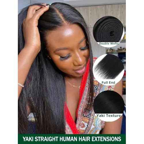 KLAIYI Yaki Straight Bundles Human Hair Weaves Unprocessed Real Virgin Hair Sew In Extensions One Bundle Of 20Inch, 12A Kinky Straight Double Wefts for Women Cllip In Light Yaki Natural Black Color