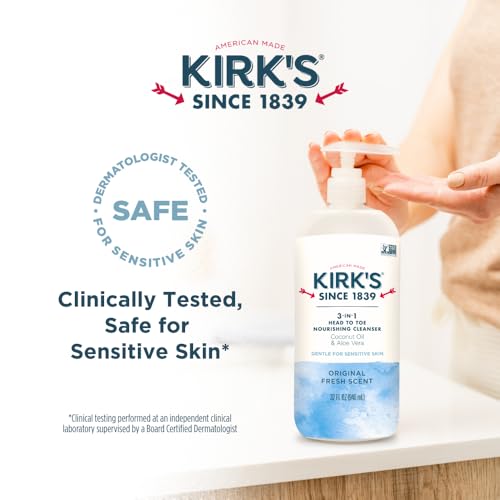 Kirk's 3-in-1 Head to Toe Nourishing Cleanser & Travel Size Bar Soap - for Men, Women & Children, Made with Premium Coconut Oil and Aloe Vera, Non-GMO & Vegan, Original Fresh Scent, 32 Fl Oz.