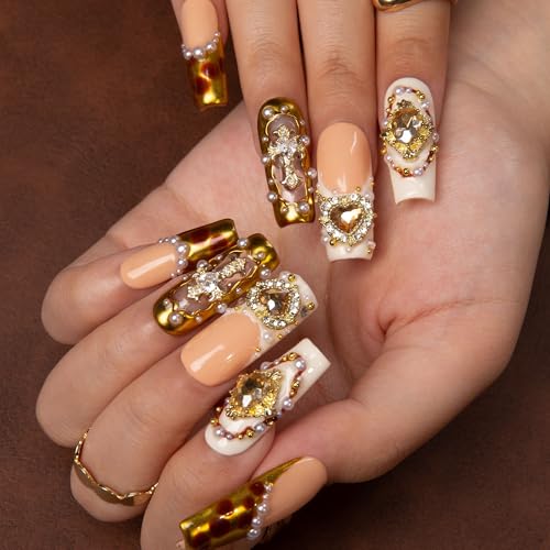 LOVFUL Press on Nails Regal Romance | Handmade with Full Covered Crystals | Reusable Full Cover Nails | Square Classic Regular 1.3 in | H366-M