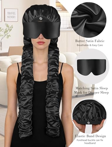 Satin Sleep Bonnet with Eye Mask and Curling Ribbons for Long Hair