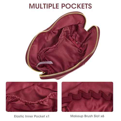 Kattee Leather Makeup Bag, Travel Large capacity Comestic Bag for Women, Heart Shaped Portable Organizer Toiletry Bag for Working,Wine Red