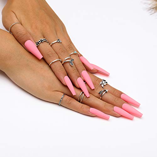 Gangel Pink Matte Press on Nails Coffin Long False Nails Full Cover Artificial Fake Nails Ballerina Acrylic Fake Nail Daily Wear Party Gifts for Women and Girls 24Pcs (PINK)