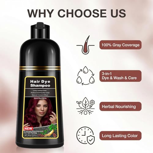 Dark Wine Red Hair Dye Shampoo 3 in 1 for Gray Hair