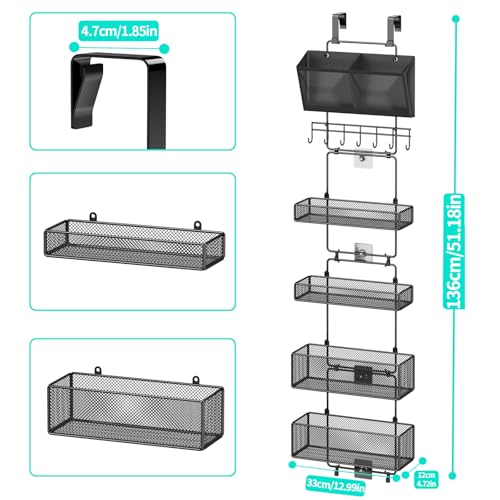HapiRm 6-Tier Over-the-Door Organizer with Visual Pockets & Hooks (Hooks Style, Black) – Includes 4 Large Baskets