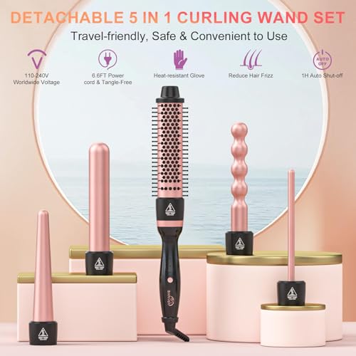 Sixriver 5-in-1 Rose Gold Curling Wand Set with Ceramic & Thermal Brush, 0.4-1.25 inch