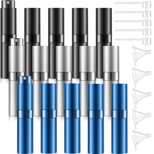 Remerry 15 Pcs 8 ml Perfume Atomizer Refillable Small Perfume Spray Bottle Empty Portable Travel Sprayer with 5 Funnel 5 Pump Transfer Tool(Black, Blue, Silver)