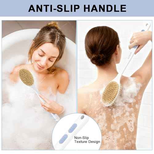 Back Scrubber for Shower with Long Handle, Exfoliating Bath Brush for Body - Double Sided Bristles (Stiff & Soft), Anti-Slip Grip, Lightweight - Gift for Seniors, Includes Lanyard & Hook, Blue