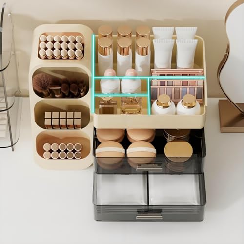 Large Makeup Organizer with Drawers, Spacious Cosmetics Display Case with Brush Holder for Vanity, Skin Care Storage Solution for Lipstick Eyeshadow Palettes Beauty Essential Bathroom