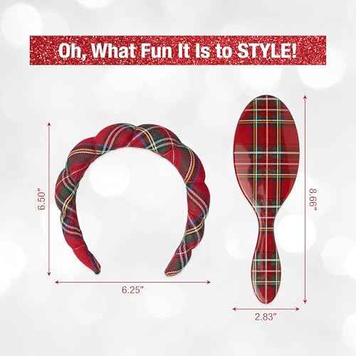 Conair Spa Tartan Headband & Detangle Cushion Brush 2pk Set - spa headband for washing face - Bubble headband - Makeup headband - GRWM headband - gifts for teen girls - stocking stuffers
