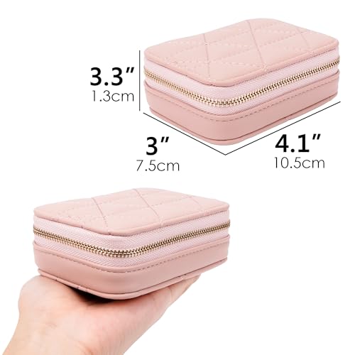 Lipstick Holder with Mirror for Purse, Genuine Leather Makeup Case, Compact Zippered Travel Cosmetic Organizer, Pink