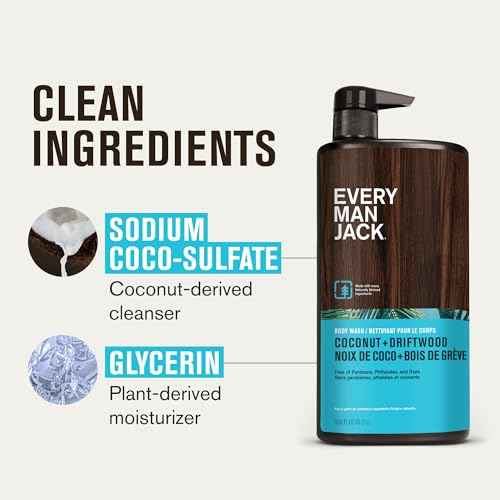 Every Man Jack Coconut + Driftwood Mens Body Wash for All Skin Types - Cleanse, Hydrate, and Smell Great - Free of Parabens, Phtalates, and Dyes - 33.8 fl oz (2 Pack)