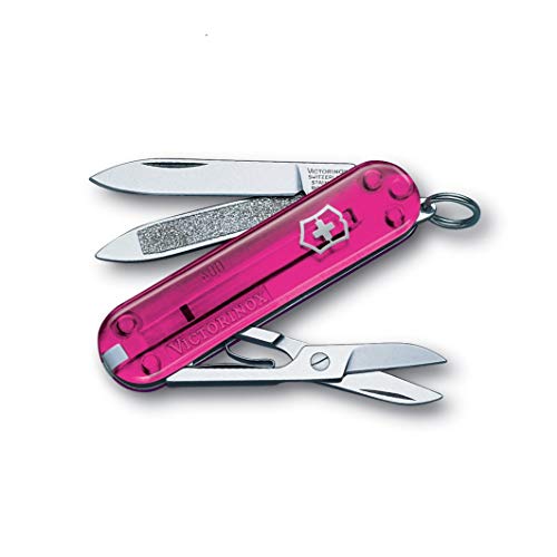 Victorinox Classic SD Swiss Army Knife, Compact 7 Function Swiss Made Pocket Knife with Small Blade, Screwdriver and Key Ring - Pink Translucent