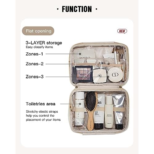EACHY Toiletry Bag with Hanging Hook, Travel Makeup Bag PU Leather Cosmetic Bags for Women Make Up Organizer with 4 Compartments Waterproof Full-Size Portable Travel Essentials (Beige)