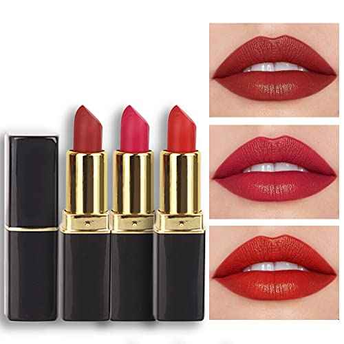 evpct 3Pcs Red Matte Lipstick Set for Older Women Long Lasting, Dark Light Bright Ruby Berry Red Matte Velvet Long Lasting Lipstick Waterproof Smudge Proof 24 Hours Original Lip Stick Stain Makeup Kit