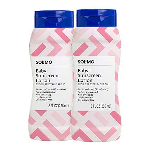 Amazon Brand - Solimo Baby Sunscreen SPF 50, Reef Friendly (Octinoxate & Oxybenzone Free), unscented, 8 fl oz (Pack of 2)