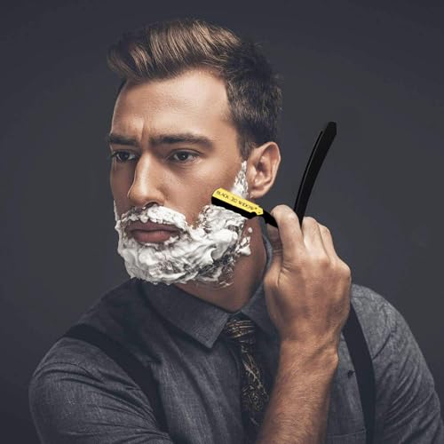Black Widow Professional Straight Razor ? Matte Black & 24K Gold plated finish Barber Razor for Men ? Swing Lock Grip, Stainless Steel Shavette for Barbers & Beginners pack of 10 blades
