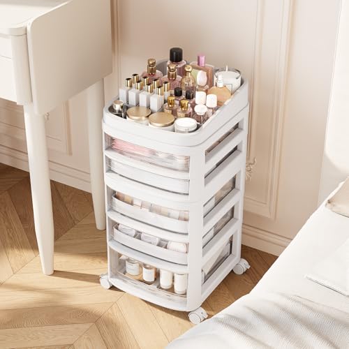 Clear Rolling Cart with 5 Drawers - Dust-Proof Storage for Makeup & Crafts