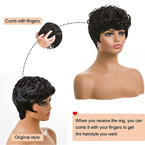 MOONSHOW Short Pixie Wig for Black Women - Curly Synthetic Hair