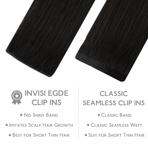 WENNALIFE Invisi Edge Clip in Hair Extensions Real Human Hair, 14 Inch 130g 9pcs Natural Black Seamless Clip in Extensions Remy Hair Clip Ins Invisible Skin Weft Straight Extensiones De Cabello Hmano