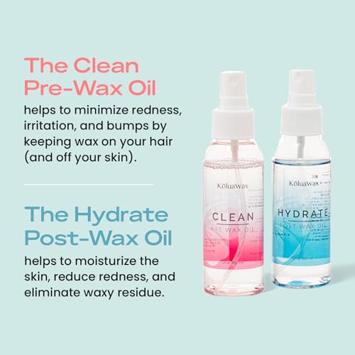 Clean & Hydrate At Home Waxing Kit Oils ? Pre Wax Cleanser Preps & Protects Skin ? Post Body & Facial Wax Oil Soothes, Reduces Redness, Removes Residue ? Make Hair Removal Easy by KoluaWax, 3 Oz. Each
