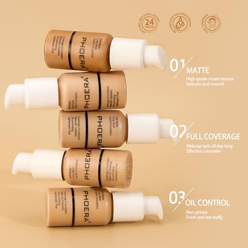 PHOERA Foundation Makeup, Flawless Soft Matte Oil Control Liquid Foundation, Full Coverage Mattle Oil-Control Concealer for Older Women, Great Choice For Gift (#102 Nude(2pcs)£©