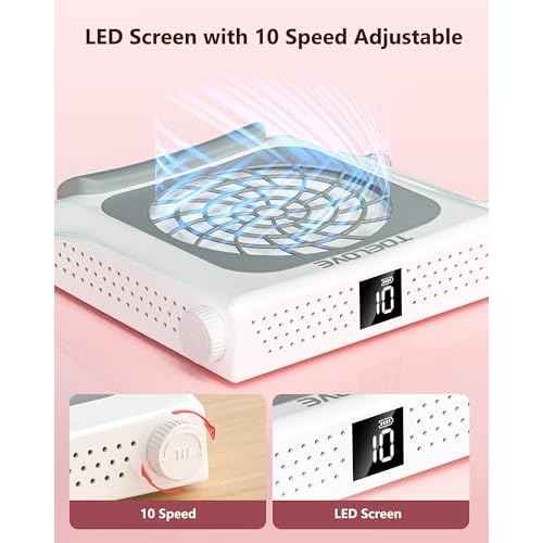 Upgraded Nail Dust Collector with Hand Rest, 10 Speeds, Reusable Filter, Quiet & Rechargeable, Professional Nail Fan Dust Tech Machine for Acrylic Gel Nails Polishing, Salon & Home, White