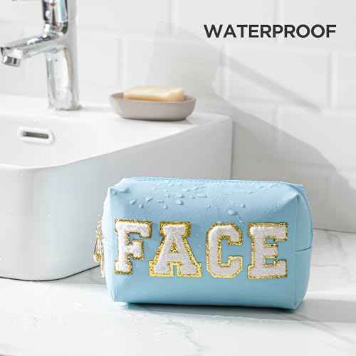 HBselect Preppy Makeup Bag 4 Pcs Travel Toiletry Bag Chenille Letter Patch Makeup Bag Portable Cosmetic Bag for Women PU Leather Waterproof Organizer Make up Bag for Women Girls