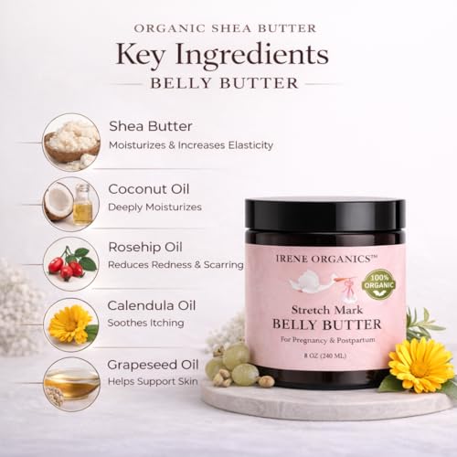 Irene Organics Organic Belly Butter for Pregnancy Stretch Mark Prevention and Treatment Award Winning Anti Stretch Mark Tummy Balm For Pregnancy and Postpartum 8oz - Hydrating Bump Cream
