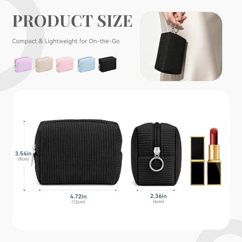 MAGEFY Corduroy Small Travel Makeup Bag - Black Portable Cosmetic Pouch