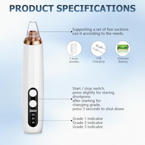 HZD Blackhead Remover Pore Vacuum with 3 Suction Levels & 6 Tips