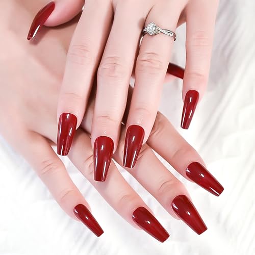 Elevenail Glossy Red Press on Nails Long Coffin False Nails Faux Ongles Reusable Solid Color Nail Art Tips Salon DIY Manicure Acrylic Fake Nails Gifts for Women Girls