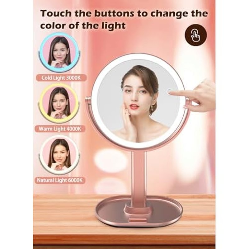 10x Magnifying Mirror with Light,Double Sided Magnified Mirrors,Rechargeable 3 Color Lights and Adjustable Brightness Vanity Mirror,360¡Æ Rotation Detachable for Travel with Tweezer