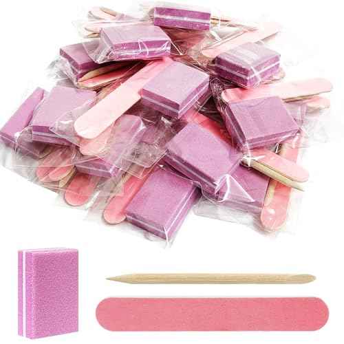 Disposable Manicure kit Individually Package, Mini Nail Buffer, Nail File, Wood Stick, Press on Nail Tool Kit for Salon Home (Pink, Count, 20, 80/100 Grit)