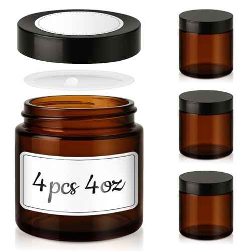 4 oz Glass Jars with Lids, 4 Pack Amber Glass Jars with Black Lids Leakproof Round Airtight Empty Cosmetic Travel Containers with Inner Liners For Lotions Powders and Candle Making