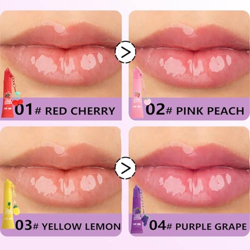 4 Colors Hydrating Lip Gloss Keychain,Glossy Plumping Nude Fruit Flavored Lip Gloss for Girls,High Shine Finish Lip Jelly Liquid Lipstick for Women