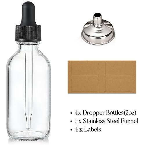 4Pcs 2oz Clear Glass Dropper Bottles with Funnel & Labels